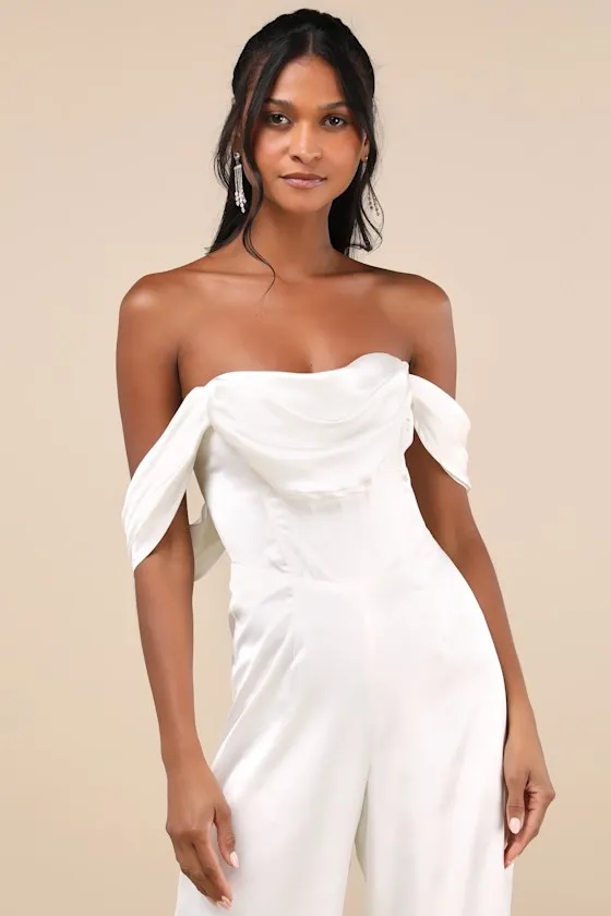 Unbelievable Aura White Satin Off-the-Shoulder Jumpsuit sold by Lulus product image thumbnail 4