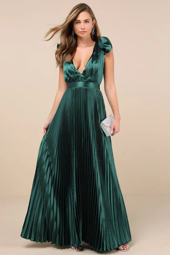 Exceptional Drama Emerald Satin Lace-Up Pleated Maxi Dress sold by Lulus