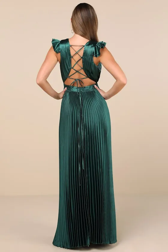 Exceptional Drama Emerald Satin Lace-Up Pleated Maxi Dress sold by Lulus product image thumbnail 2