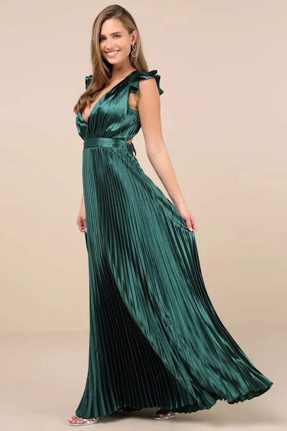 Exceptional Drama Emerald Satin Lace-Up Pleated Maxi Dress sold by Lulus product image thumbnail 3
