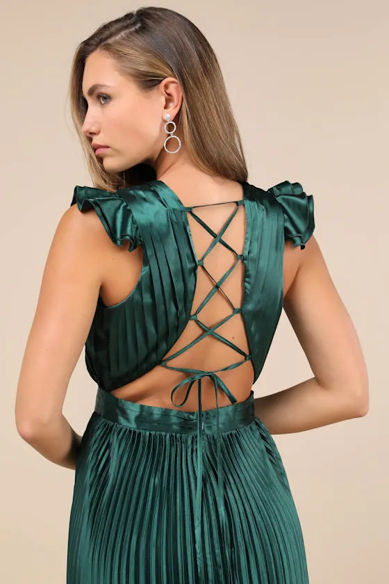 Exceptional Drama Emerald Satin Lace-Up Pleated Maxi Dress sold by Lulus product image thumbnail 4