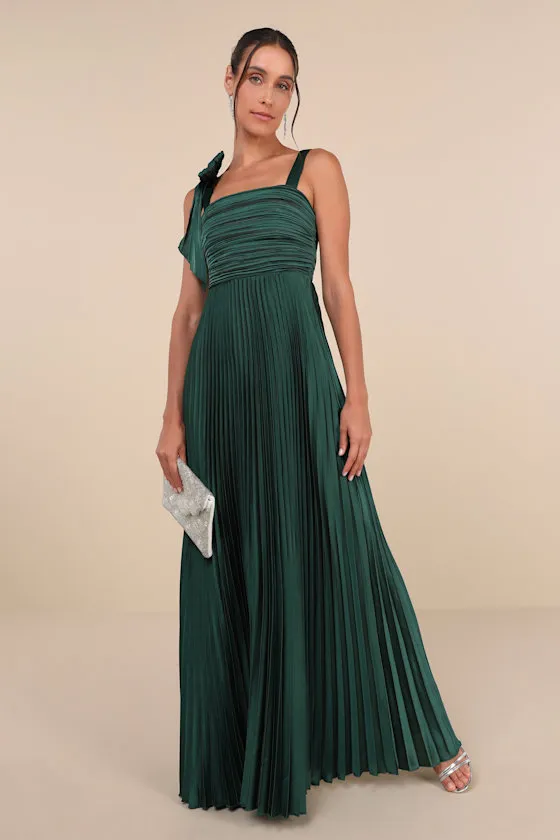 Gorgeous Purpose Emerald Satin Pleated Sleeveless Bow Maxi Dress sold by Lulus