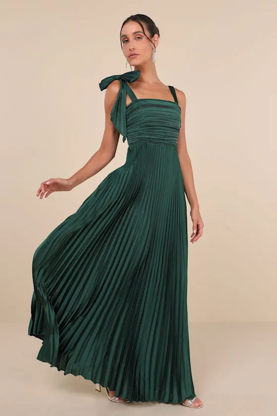 Gorgeous Purpose Emerald Satin Pleated Sleeveless Bow Maxi Dress sold by Lulus product image thumbnail 2