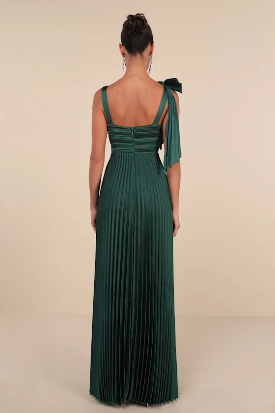 Gorgeous Purpose Emerald Satin Pleated Sleeveless Bow Maxi Dress sold by Lulus product image thumbnail 3