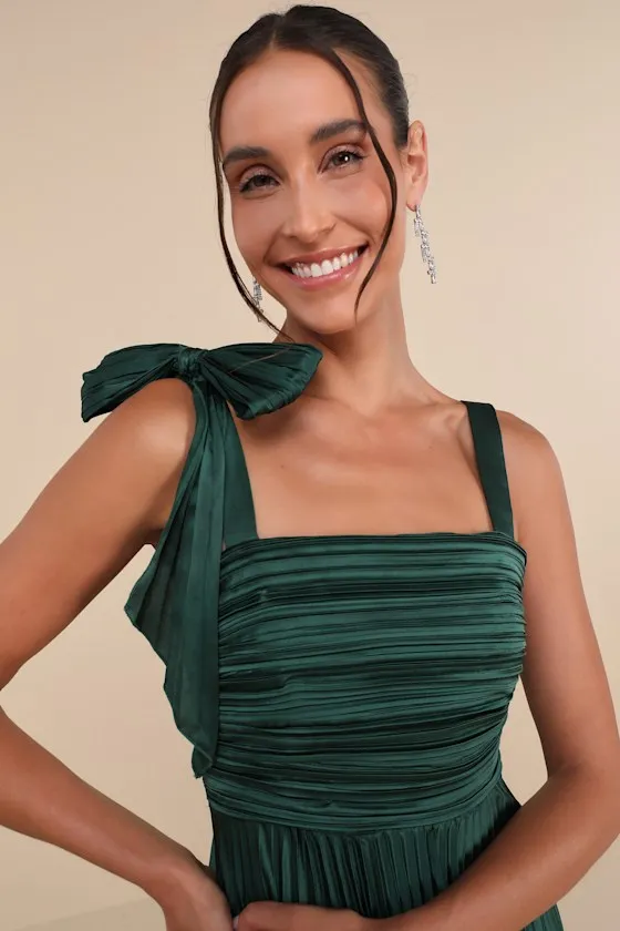 Gorgeous Purpose Emerald Satin Pleated Sleeveless Bow Maxi Dress sold by Lulus product image thumbnail 4