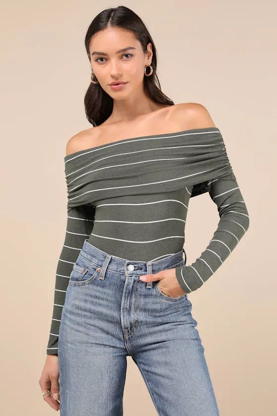 Sweetest Concept Olive Striped Off-the-Shoulder Sweater Top sold by Lulus