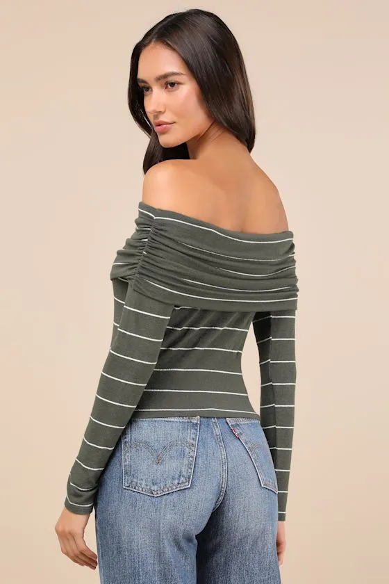 Sweetest Concept Olive Striped Off-the-Shoulder Sweater Top sold by Lulus product image thumbnail 2