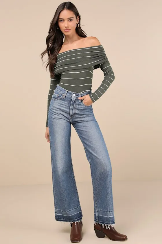 Sweetest Concept Olive Striped Off-the-Shoulder Sweater Top sold by Lulus product image thumbnail 3