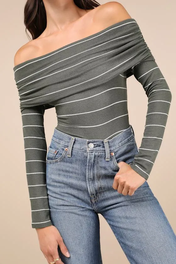 Sweetest Concept Olive Striped Off-the-Shoulder Sweater Top sold by Lulus product image thumbnail 4