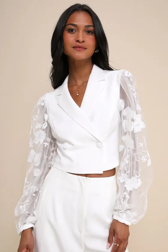 Exquisitely Stylish White Cropped Sheer Balloon Sleeve Blazer sold by Lulus