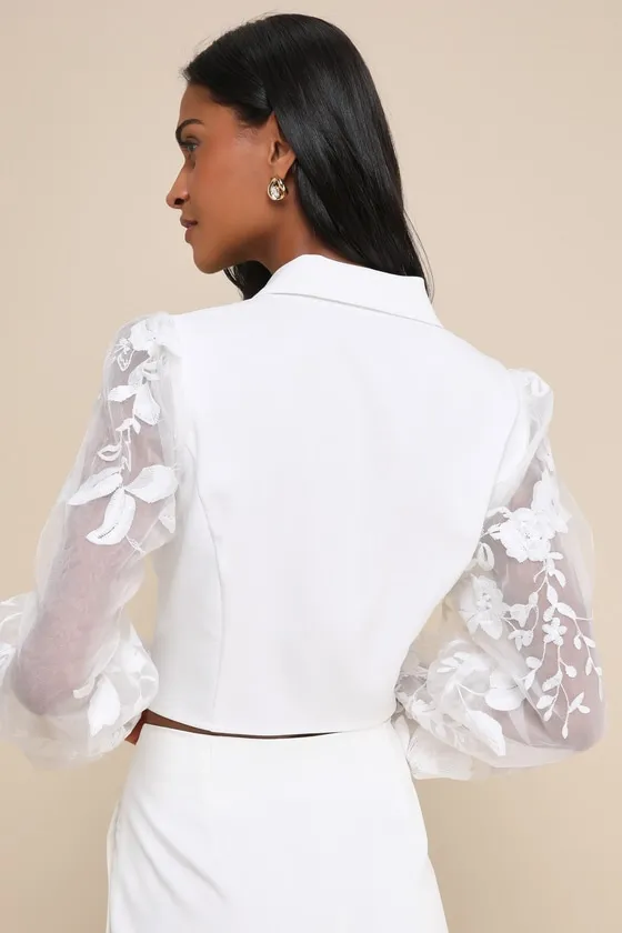 Exquisitely Stylish White Cropped Sheer Balloon Sleeve Blazer sold by Lulus product image thumbnail 3