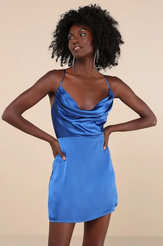 Luxe Reputation Blue Satin Sleeveless Cowl Neck Mini Dress sold by Lulus