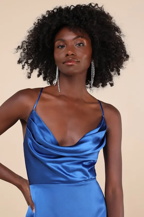 Luxe Reputation Blue Satin Sleeveless Cowl Neck Mini Dress sold by Lulus product image thumbnail 4