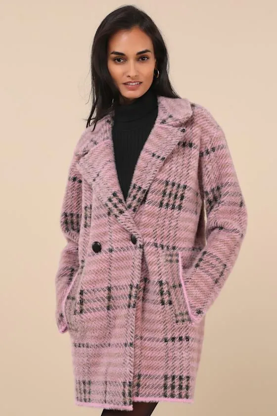 Bold Check Pink Plaid Fuzzy Coatigan sold by Lulus