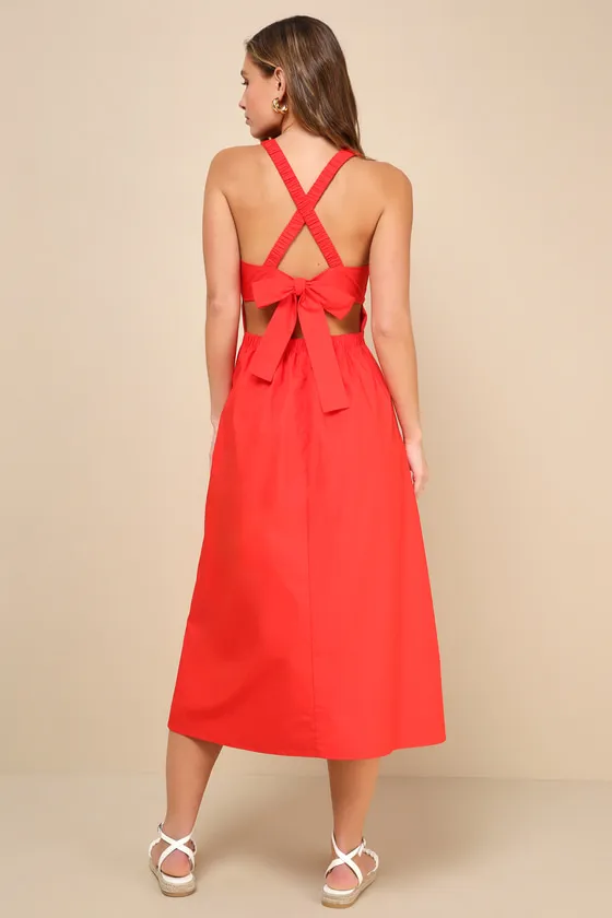 Strolling Sicily Red Pleated Backless Midi Dress With Pockets sold by Lulus product image thumbnail 2