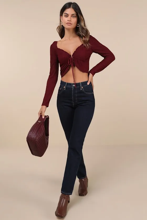 Sweetest Composure Burgundy Textured Tie-Front Crop Top sold by Lulus product image thumbnail 3