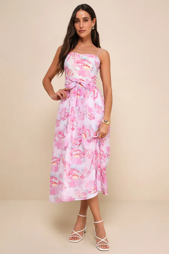 Sweetheart Status Pink Floral Sleeveless A-Line Midi Dress sold by Lulus