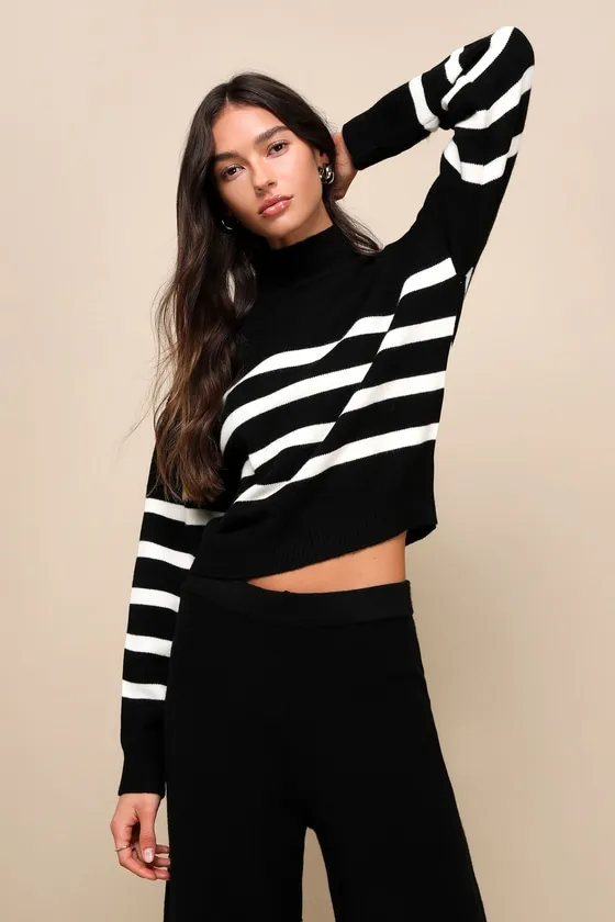 Effortlessly Charming Black Striped Mock Neck Sweater Top sold by Lulus