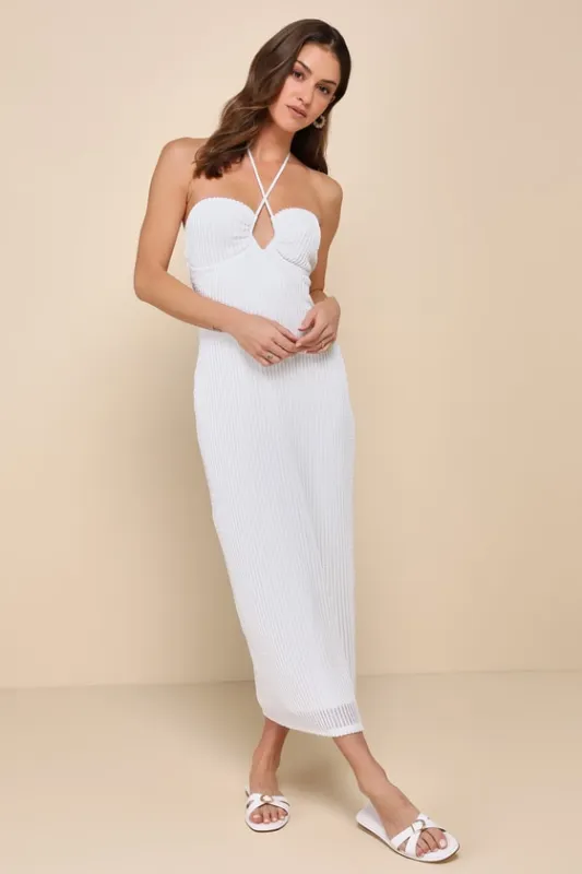 Flirty Passion White Textured Ribbed Knit Halter Midi Dress sold by Lulus