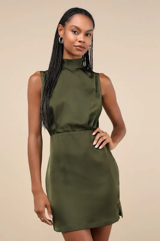 Classic Elegance Olive Satin Sleeveless Mock Neck Mini Dress sold by Lulus