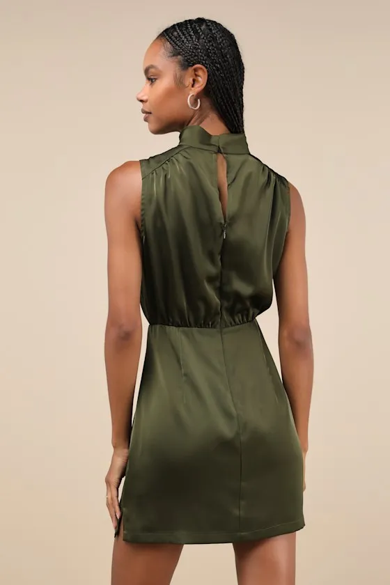Classic Elegance Olive Satin Sleeveless Mock Neck Mini Dress sold by Lulus product image thumbnail 3