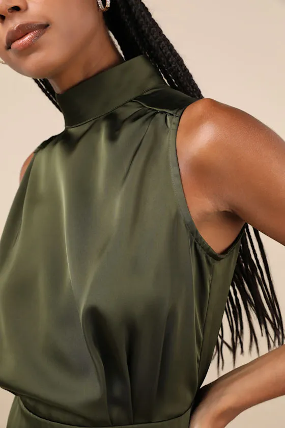 Classic Elegance Olive Satin Sleeveless Mock Neck Mini Dress sold by Lulus product image thumbnail 4