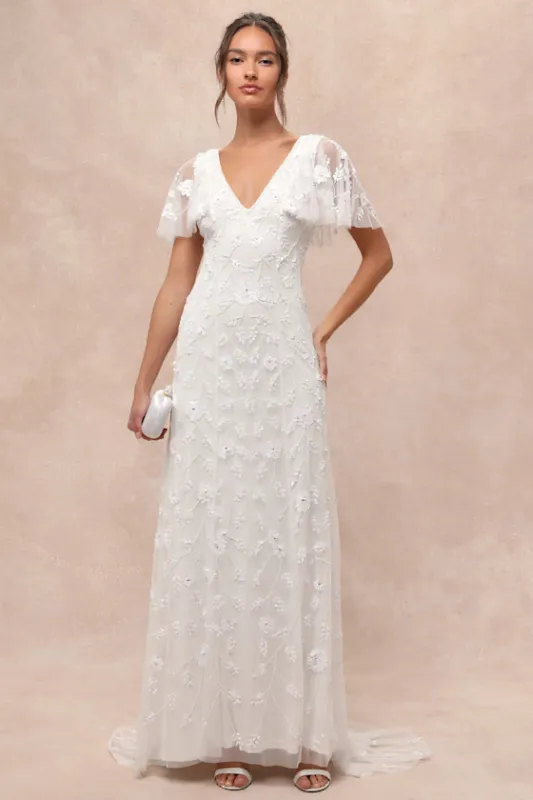 Safiya White Sequin Flutter Sleeve Maxi Dress sold by Lulus