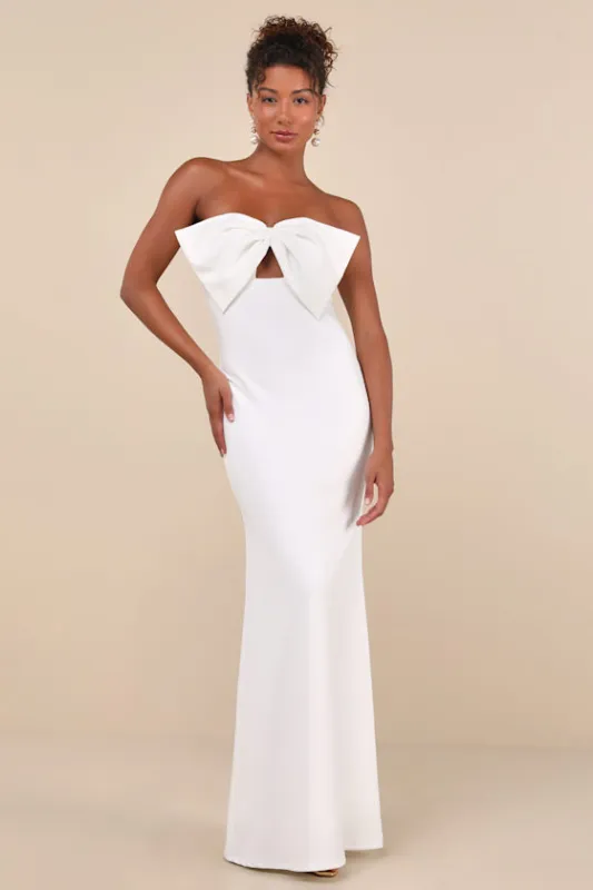 Coveted Glamour White Strapless Bow Mermaid Maxi Dress sold by Lulus