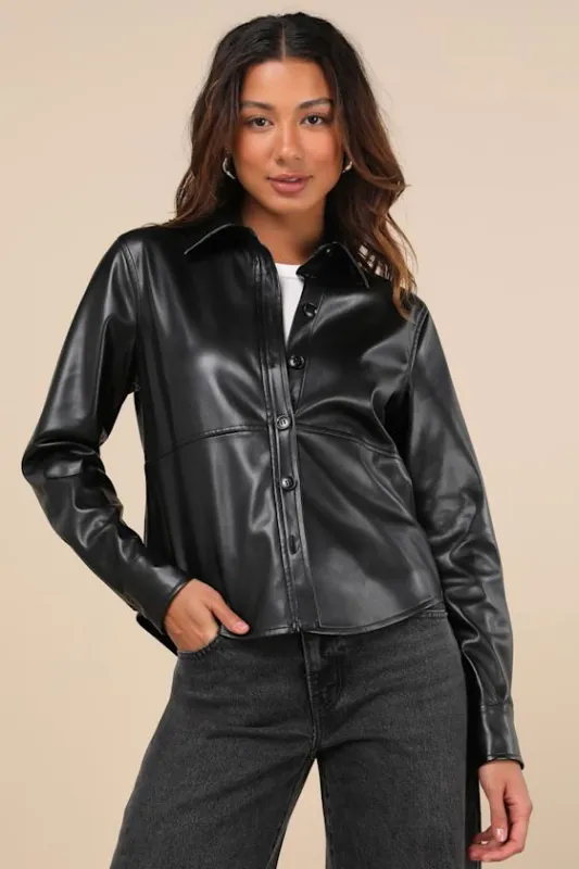Polished Attitude Black Vegan Leather Button-Up Top sold by Lulus
