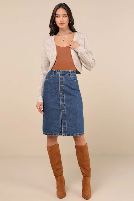 Admirable Attitude Medium Wash Denim Button-Front Midi Skirt sold by Lulus