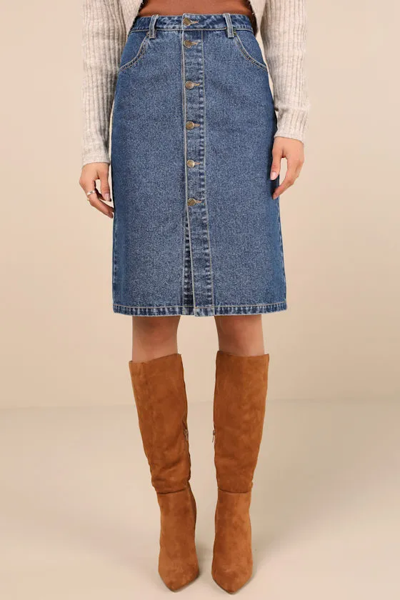 Admirable Attitude Medium Wash Denim Button-Front Midi Skirt sold by Lulus product image thumbnail 2