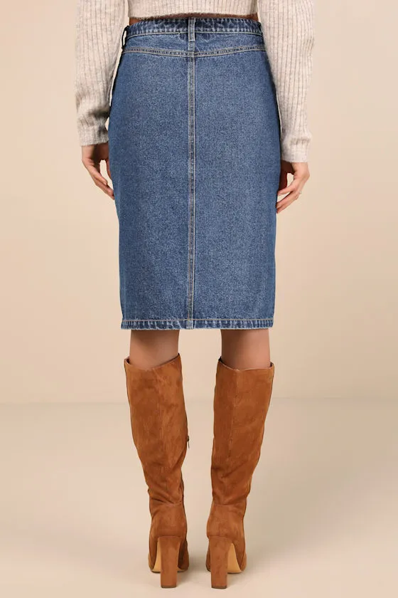 Admirable Attitude Medium Wash Denim Button-Front Midi Skirt sold by Lulus product image thumbnail 3