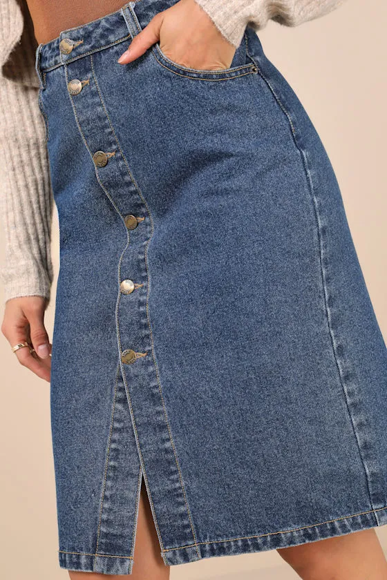 Admirable Attitude Medium Wash Denim Button-Front Midi Skirt sold by Lulus product image thumbnail 4