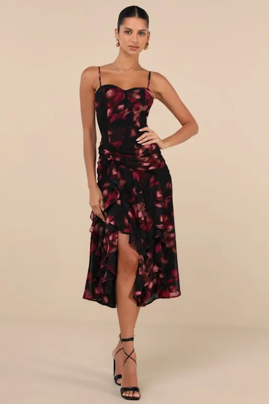 Impressive Attitude Black Abstract Ruffled Knotted Midi Dress made by Lulus