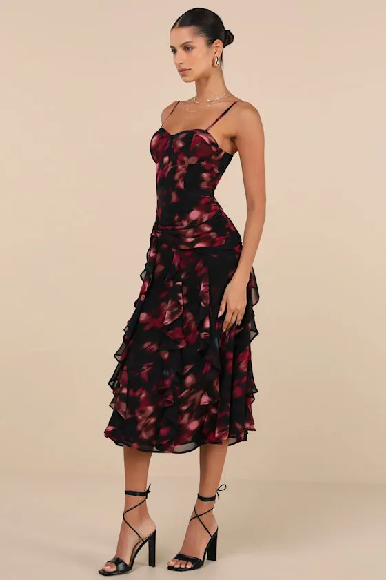 Impressive Attitude Black Abstract Ruffled Knotted Midi Dress sold by Lulus product image thumbnail 2