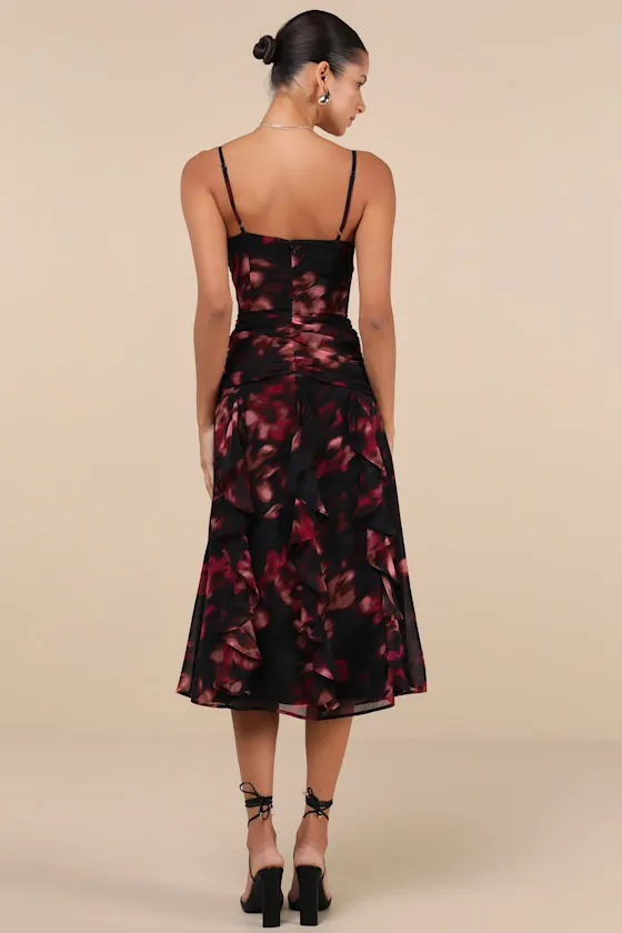Impressive Attitude Black Abstract Ruffled Knotted Midi Dress sold by Lulus product image thumbnail 3