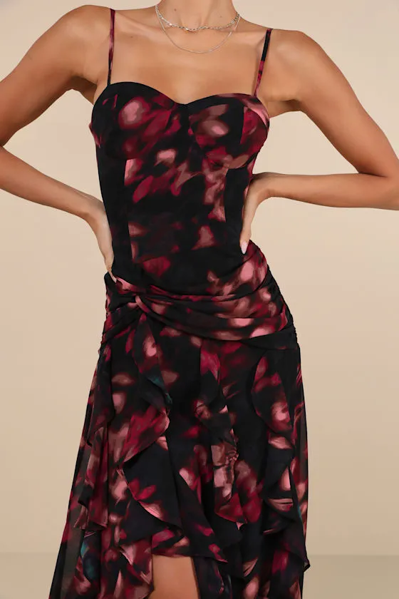 Impressive Attitude Black Abstract Ruffled Knotted Midi Dress sold by Lulus product image thumbnail 4