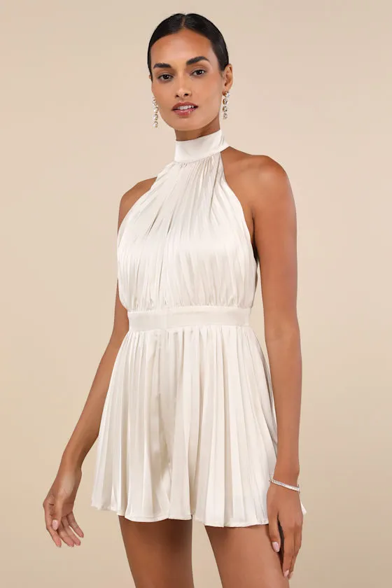 Seriously Stunning Cream Satin Pleated Backless Romper sold by Lulus
