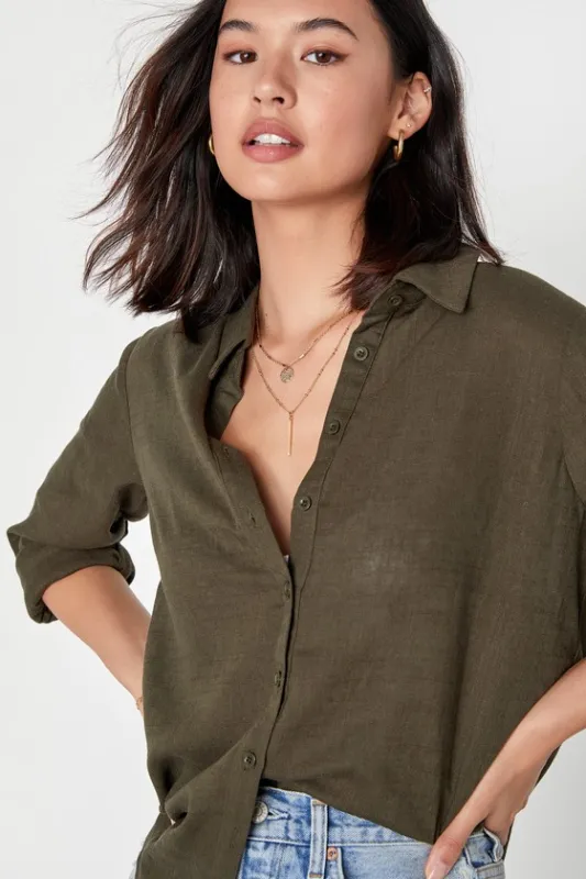Breezy Energy Olive Green Linen Long Sleeve Button-Up Top sold by Lulus