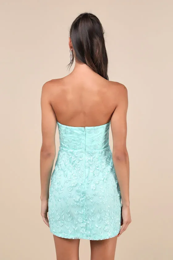 Exquisite Sensation Teal Floral Embroidered Strapless Mini Dress sold by Lulus product image thumbnail 3