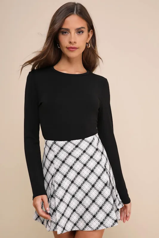 Upscale Attitude Ivory Plaid Tweed Skater Mini Skirt sold by Lulus
