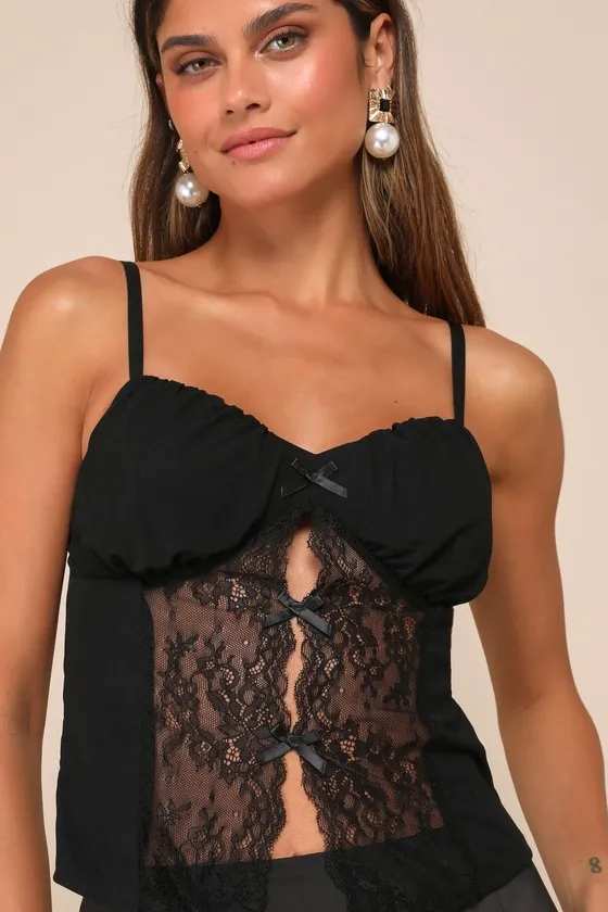Sultry Pick Black Mesh Sheer Lace Bow Cami Top sold by Lulus product image thumbnail 4