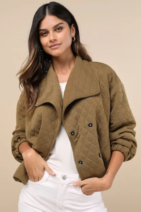 Layered Charisma Olive Green Collared Quilted Jacket sold by Lulus