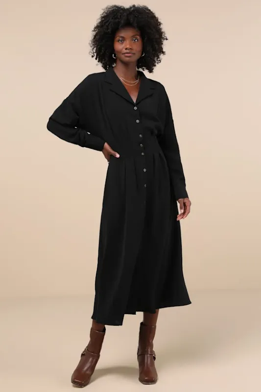 Timeless Class Black Collared Button-Up Pleated Midi Dress sold by Lulus