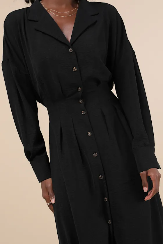 Timeless Class Black Collared Button-Up Pleated Midi Dress sold by Lulus product image thumbnail 3