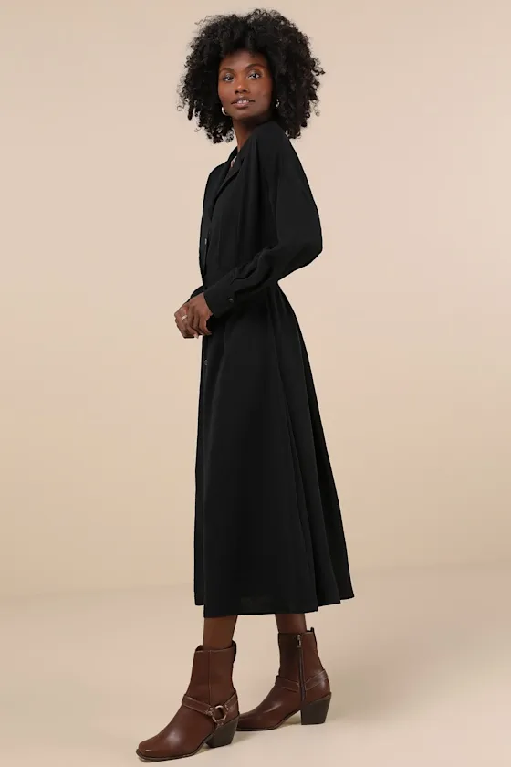 Timeless Class Black Collared Button-Up Pleated Midi Dress sold by Lulus product image thumbnail 4