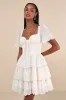 Inclined to Charm Ivory Embroidered Tiered Lace-Up Mini Dress sold by Lulus