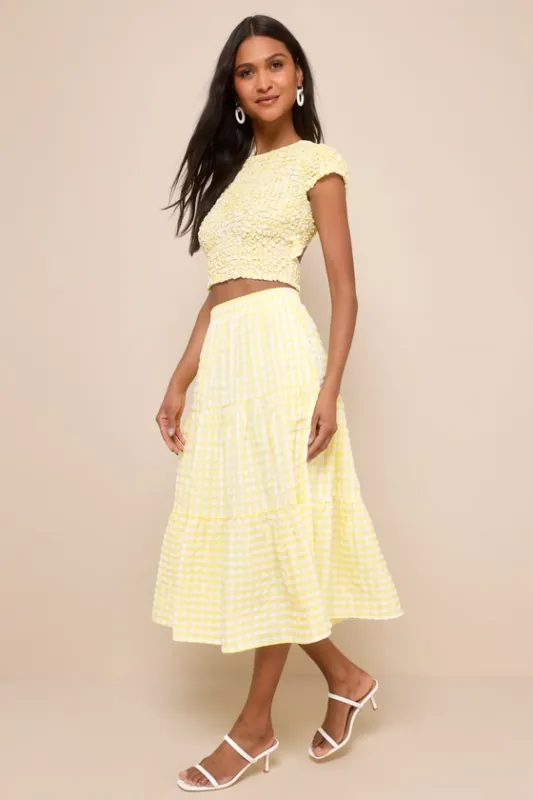 Cheerful Perfection Yellow Gingham Smocked Two-Piece Midi Dress made by Lulus