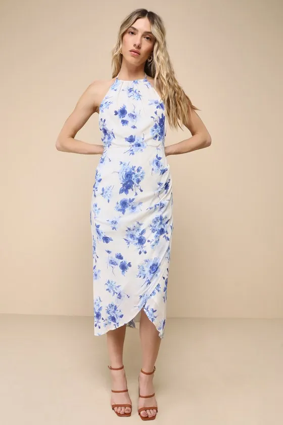 Blooming Favorite White and Blue Floral Tulip Halter Midi Dress sold by Lulus