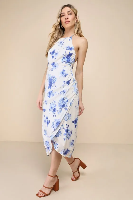 Blooming Favorite White and Blue Floral Tulip Halter Midi Dress sold by Lulus product image thumbnail 3
